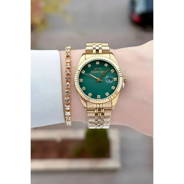 Kadranı Yeşil Kordonu Gold Renk 32 Mm Takvimli Kadın Kol Saati ve Bileklik
