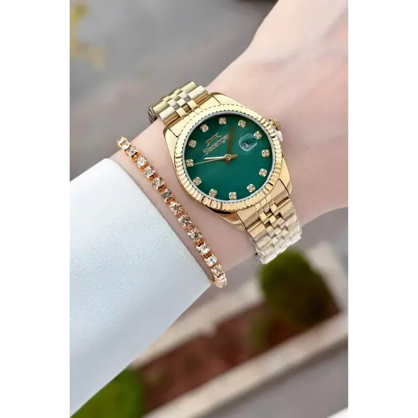 Kadranı Yeşil Kordonu Gold Renk 32 Mm Takvimli Kadın Kol Saati ve Bileklik