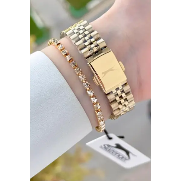 Kadranı Yeşil Kordonu Gold Renk 32 Mm Takvimli Kadın Kol Saati ve Bileklik