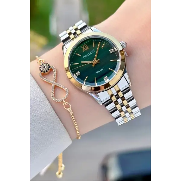Kadranı Yeşil Kordonu Gold Gümüş Renk 32 Mm Kadın Kol Saati ve Bileklik