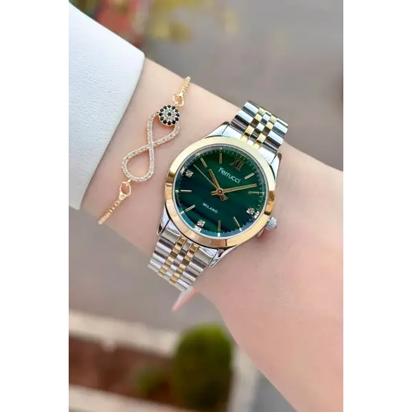 Kadranı Yeşil Kordonu Gold Gümüş Renk 32 Mm Kadın Kol Saati ve Bileklik