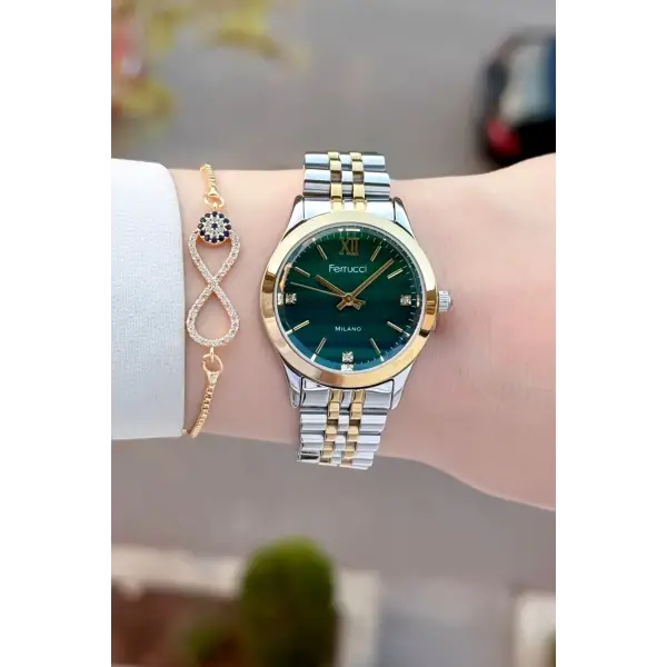 Kadranı Yeşil Kordonu Gold Gümüş Renk 32 Mm Kadın Kol Saati ve Bileklik