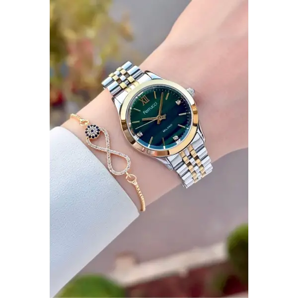 Kadranı Yeşil Kordonu Gold Gümüş Renk 32 Mm Kadın Kol Saati ve Bileklik