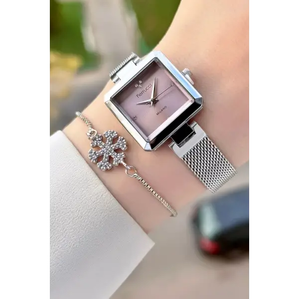 Kadranı Pembe Kordonu Gümüş Renk Kadın Kol Saati ve Bileklik