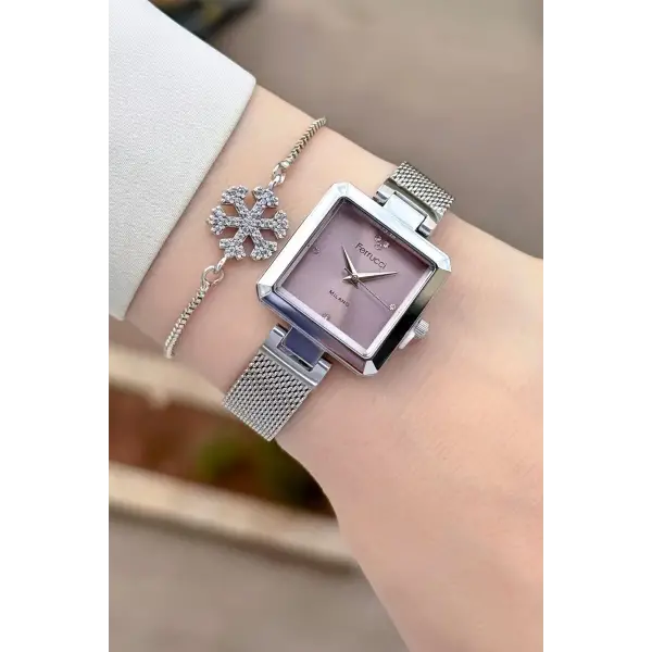 Kadranı Pembe Kordonu Gümüş Renk Kadın Kol Saati ve Bileklik