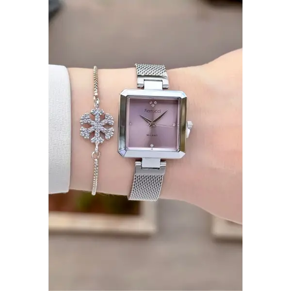 Kadranı Pembe Kordonu Gümüş Renk Kadın Kol Saati ve Bileklik