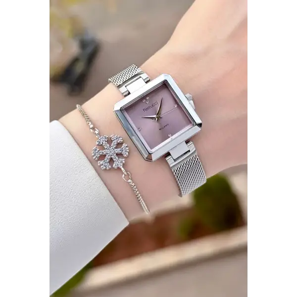 Kadranı Pembe Kordonu Gümüş Renk Kadın Kol Saati ve Bileklik