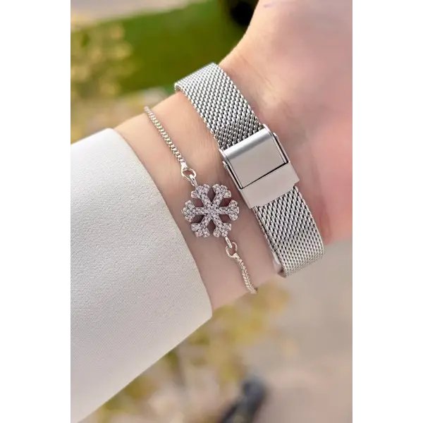 Kadranı Pembe Kordonu Gümüş Renk Kadın Kol Saati ve Bileklik