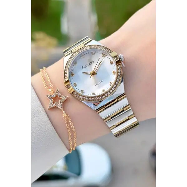 Gold Gümüş Renk 32 Mm Kadın Kol Saati ve Bileklik