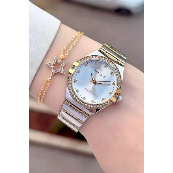 Gold Gümüş Renk 32 Mm Kadın Kol Saati ve Bileklik