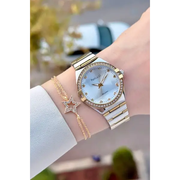 Gold Gümüş Renk 32 Mm Kadın Kol Saati ve Bileklik