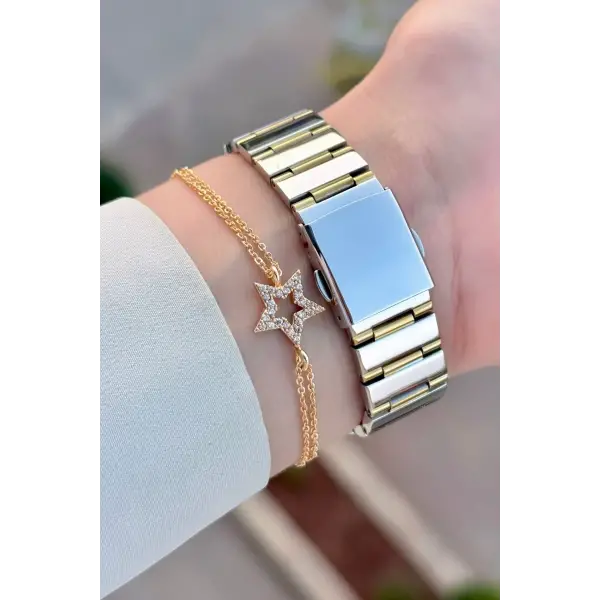 Gold Gümüş Renk 32 Mm Kadın Kol Saati ve Bileklik