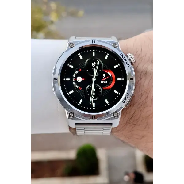 Kasası ve Korodnu Gümüş Renk Çelik Kordon Android ve İos Uyumlu Akıllı Kol Saat