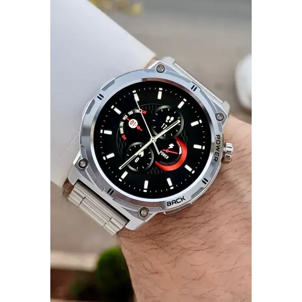 Kasası ve Korodnu Gümüş Renk Çelik Kordon Android ve İos Uyumlu Akıllı Kol Saat