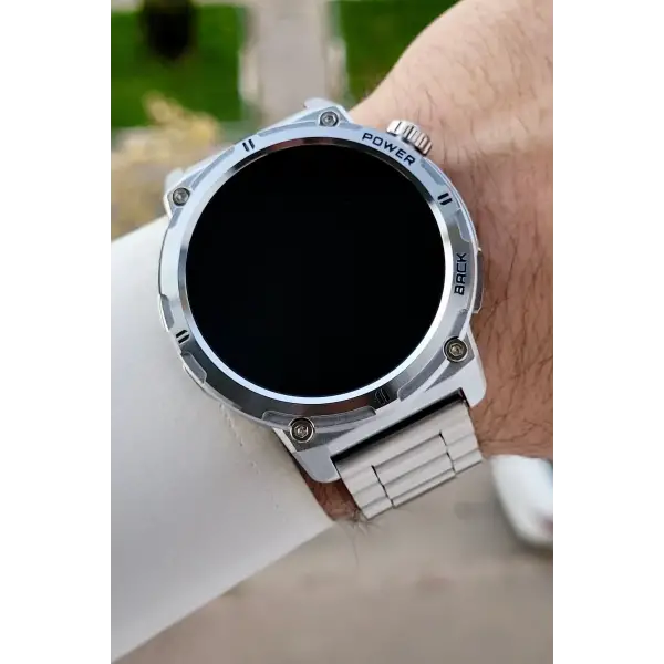 Kasası ve Korodnu Gümüş Renk Çelik Kordon Android ve İos Uyumlu Akıllı Kol Saat