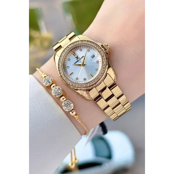 Gold Renk 30 Mm Kadın Kol Saati ve Bileklik