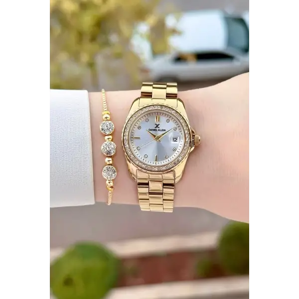 Gold Renk 30 Mm Kadın Kol Saati ve Bileklik