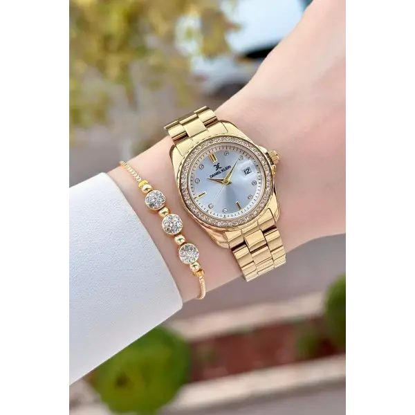 Gold Renk 30 Mm Kadın Kol Saati ve Bileklik