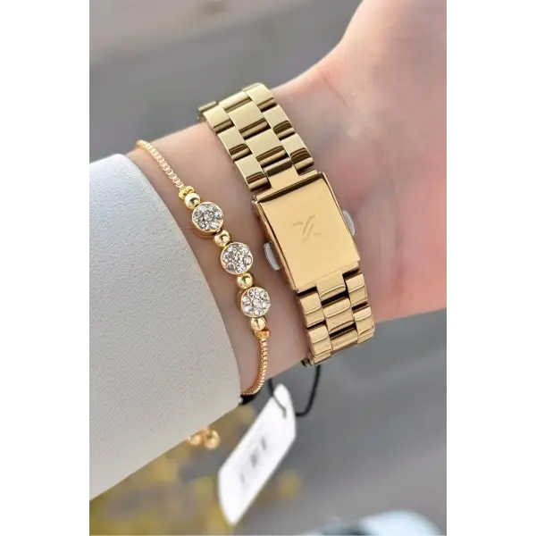 Gold Renk 30 Mm Kadın Kol Saati ve Bileklik