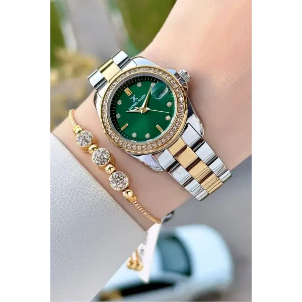 Kadranı Yeşil Kordonu Gold Gümüş Renk 30 Mm Kadın Kol Saati ve Bileklik