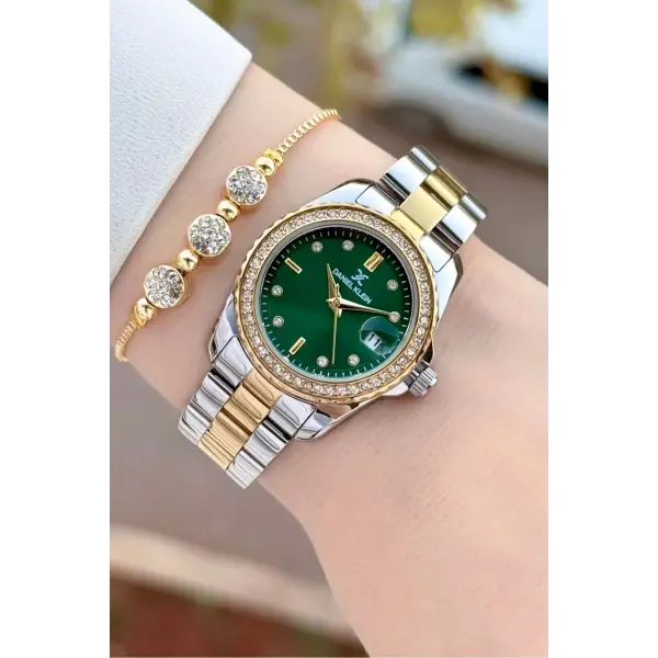 Kadranı Yeşil Kordonu Gold Gümüş Renk 30 Mm Kadın Kol Saati ve Bileklik