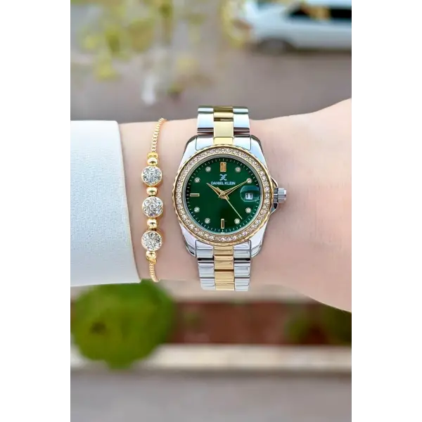 Kadranı Yeşil Kordonu Gold Gümüş Renk 30 Mm Kadın Kol Saati ve Bileklik