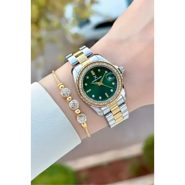 Kadranı Yeşil Kordonu Gold Gümüş Renk 30 Mm Kadın Kol Saati ve Bileklik