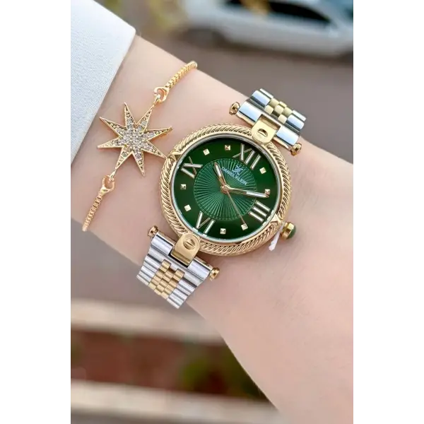 Kadranı Yeşil Kordonu Gold Gümüş Renk 32 Mm Kadın Kol Saati ve Bileklik