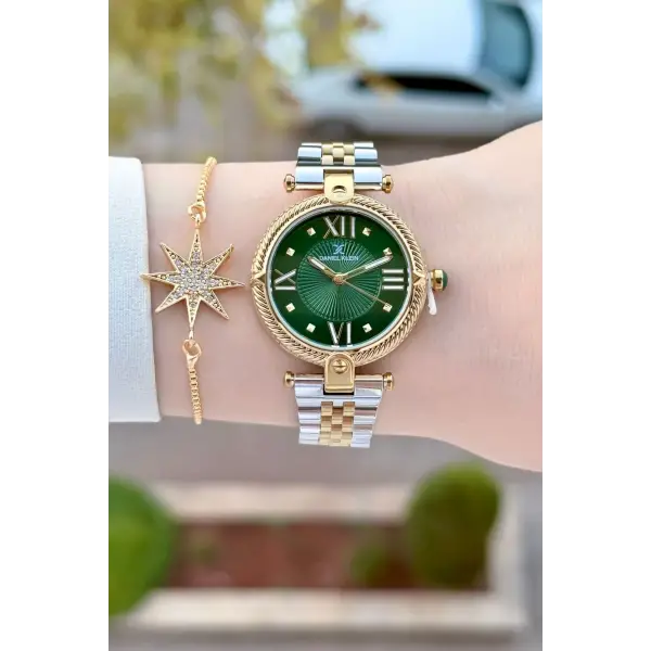 Kadranı Yeşil Kordonu Gold Gümüş Renk 32 Mm Kadın Kol Saati ve Bileklik