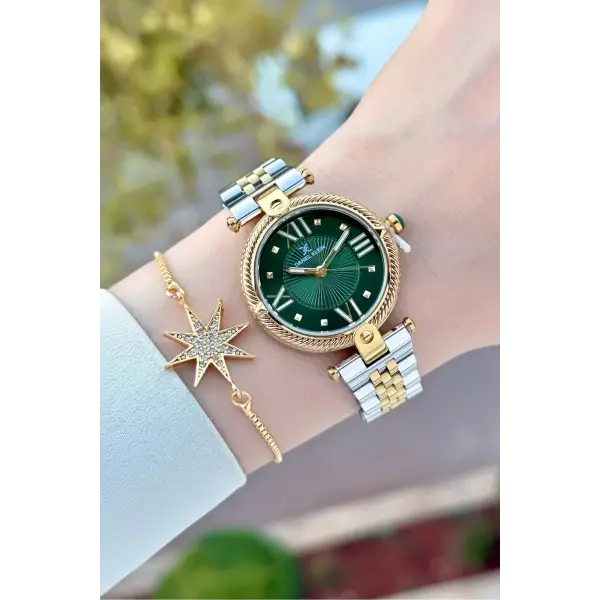 Kadranı Yeşil Kordonu Gold Gümüş Renk 32 Mm Kadın Kol Saati ve Bileklik