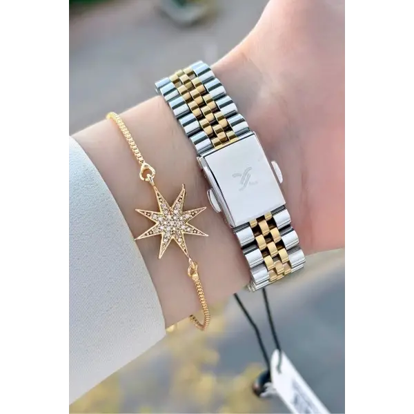 Kadranı Yeşil Kordonu Gold Gümüş Renk 32 Mm Kadın Kol Saati ve Bileklik