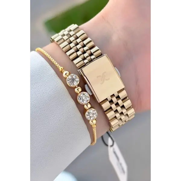 Gold Renk Hediye Paketli Kadın Kol Saati ve Bileklik