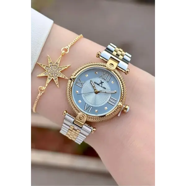 Gold Gümüş Renk 32 Mm Kadın Kol Saati ve Bileklik