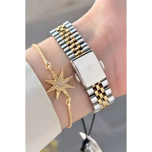 Gold Gümüş Renk 32 Mm Kadın Kol Saati ve Bileklik