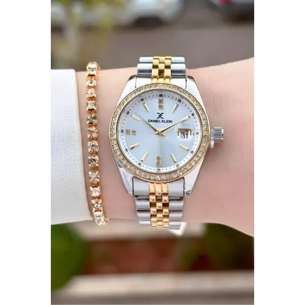 Gold Gümüş Renk 32,5 Mm Kadın Kol Saati ve Bileklik