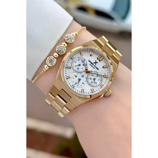 Gold Renk İç Göstergeleri Aktif Kadın Kol Saati ve Bileklik