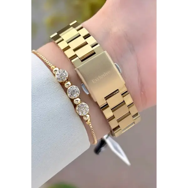 Gold Renk İç Göstergeleri Aktif Kadın Kol Saati ve Bileklik