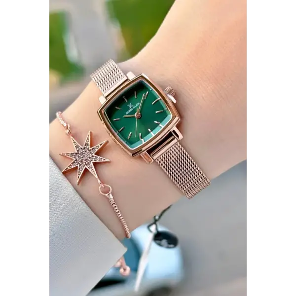 Kadranı Yeşil Kordonu Rose Renk Hediye Paketli Kadın Kol Saati ve Bileklik