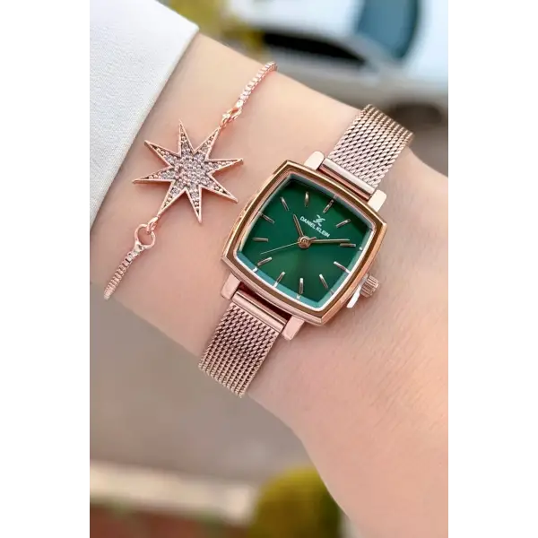 Kadranı Yeşil Kordonu Rose Renk Hediye Paketli Kadın Kol Saati ve Bileklik