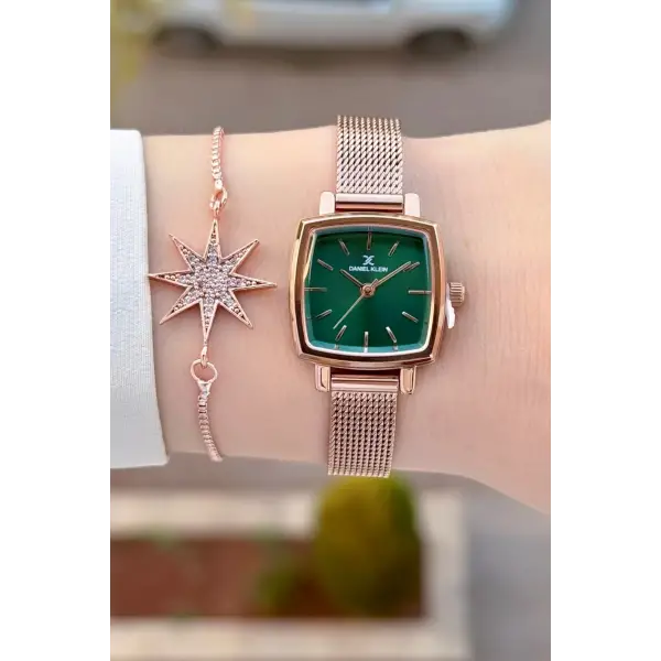 Kadranı Yeşil Kordonu Rose Renk Hediye Paketli Kadın Kol Saati ve Bileklik