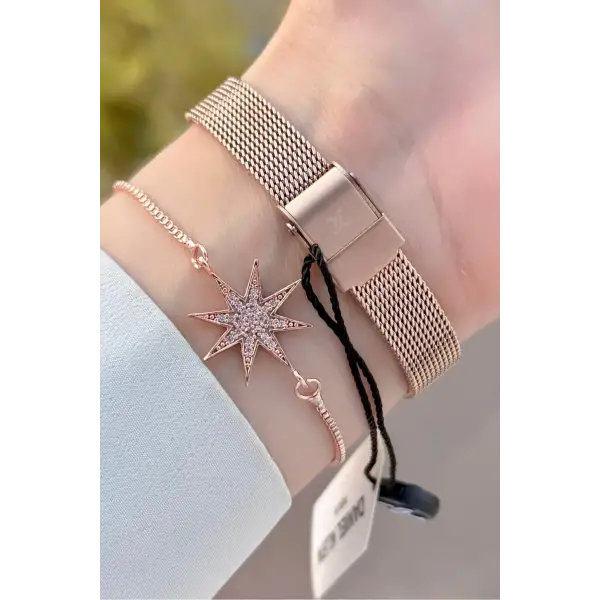 Kadranı Yeşil Kordonu Rose Renk Hediye Paketli Kadın Kol Saati ve Bileklik