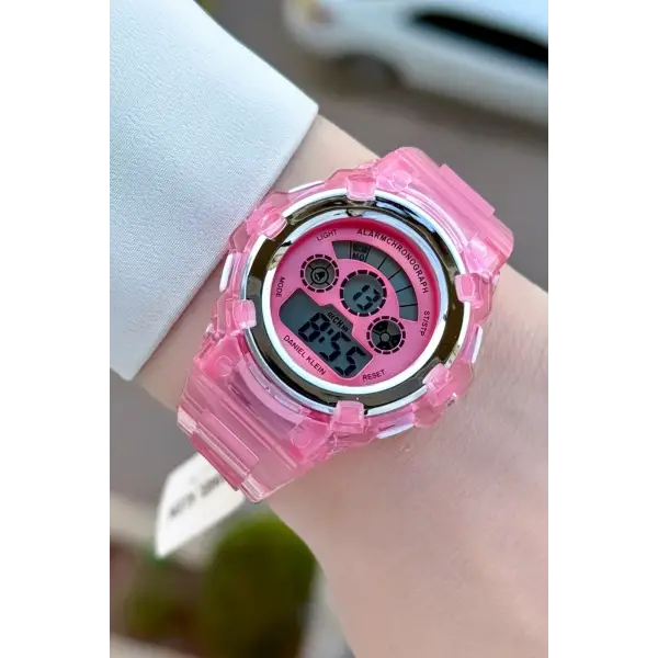 Pembe Renk Işıklı, Alarmlı, Kronometreli Hediye Paketli Kız Çocuk Kol Saati (5-18 Yaş)