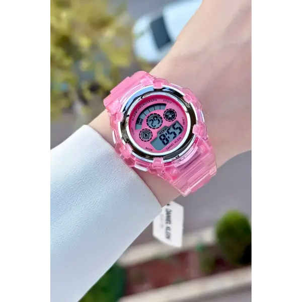 Pembe Renk Işıklı, Alarmlı, Kronometreli Hediye Paketli Kız Çocuk Kol Saati (5-18 Yaş)