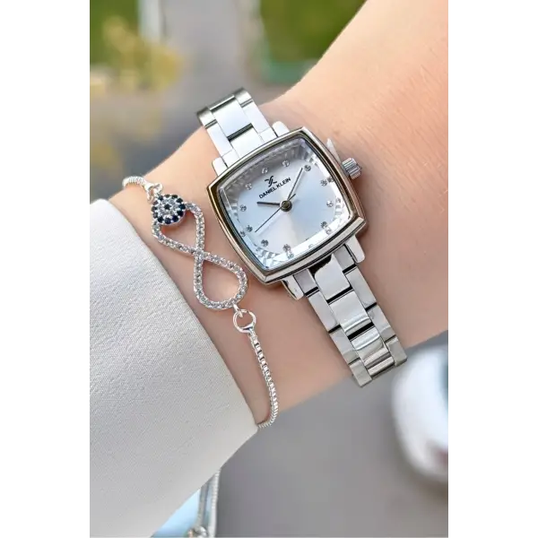 Gümüş Renk Kadın Kol Saati Ve Bileklik