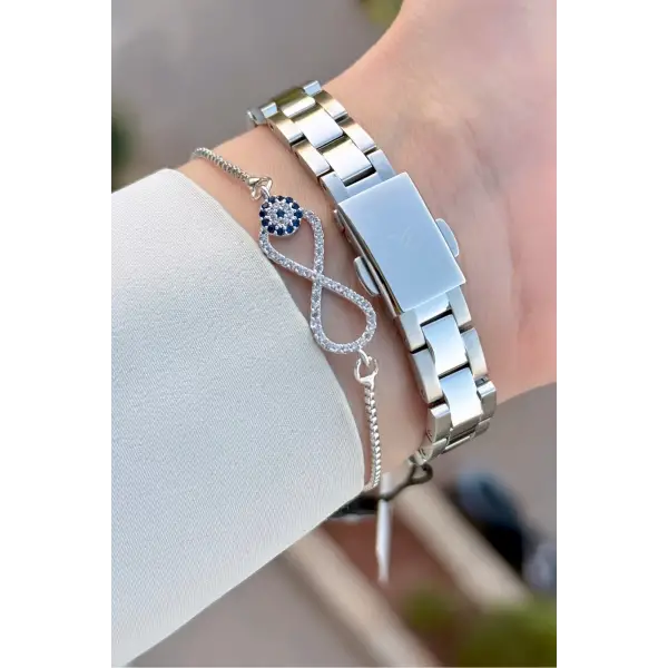 Gümüş Renk Kadın Kol Saati Ve Bileklik