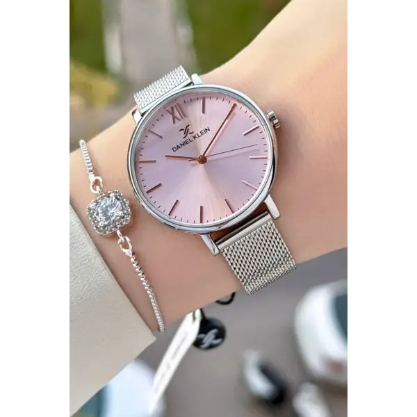 Kadranı Pembe Kordonu Gümüş Renk Kadın Kol Saati ve Bileklik