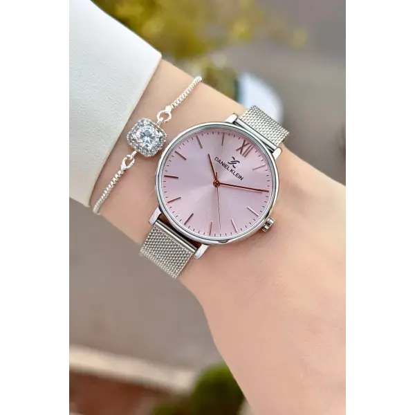 Kadranı Pembe Kordonu Gümüş Renk Kadın Kol Saati ve Bileklik