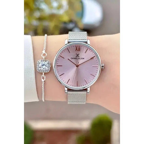 Kadranı Pembe Kordonu Gümüş Renk Kadın Kol Saati ve Bileklik