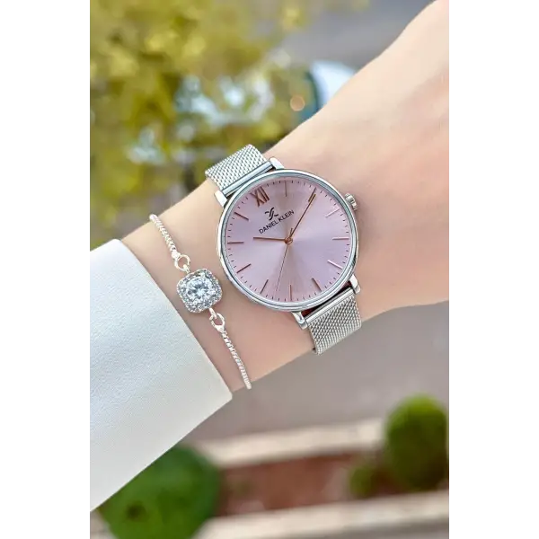 Kadranı Pembe Kordonu Gümüş Renk Kadın Kol Saati ve Bileklik