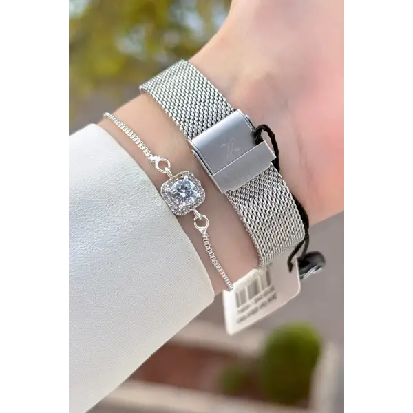 Kadranı Pembe Kordonu Gümüş Renk Kadın Kol Saati ve Bileklik